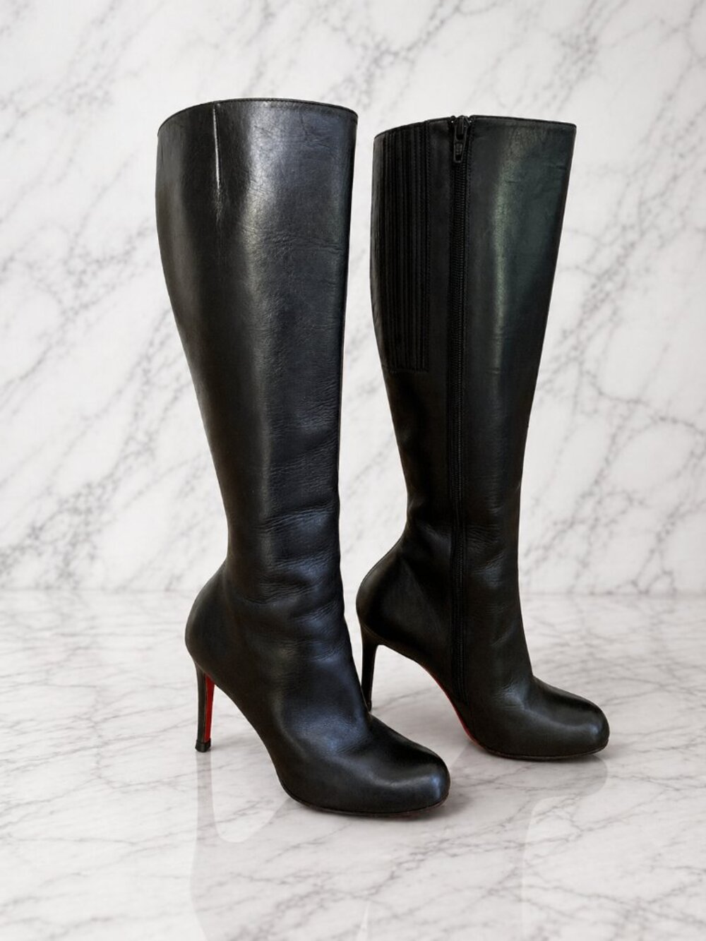 Christian Louboutin Black Napa Leather New Simple Botta Knee Length Boots 37 - Picture 2 of 15